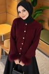 Kolları Kürklü Düğmeli Triko Hırka Bordo