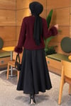 Kolları Kürklü Düğmeli Triko Hırka Bordo