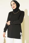 Kurdele Nakışlı Bisiklet Yaka Tunik Siyah
