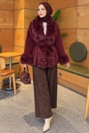 Kürklü Beli Kuşaklı Angora Kaşe Bordo