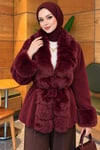 Kürklü Beli Kuşaklı Angora Kaşe Bordo