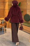 Kürklü Beli Kuşaklı Angora Kaşe Bordo
