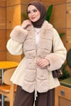 Kürklü Beli Kuşaklı Angora Kaşe Ekru