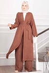 Kuşaklı Kimono Pantolon İkili Takım Kahve