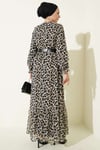 Leopar Desenli Şifon Elbise Siyah