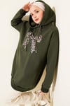 Leopar Kurdele Baskılı Üç İplik Sweatshirt Haki