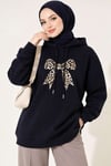 Leopar Kurdele Baskılı Üç İplik Sweatshirt Lacivert
