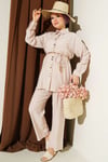 Metal Düğmeli İp Kuşaklı İkili Takım Bej