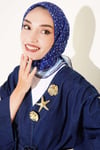 Mini Çiçekli Çizgi Geçişli Eşarp Lacivert