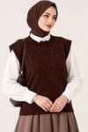 Mini Taş Detaylı Triko Süveter Kahve
