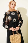 Nakış Detaylı Şifon Elbise Camel
