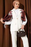 Omuz Apoletli Gold Düğmeli Yelekli Takım Ekru
