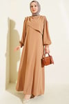Omuz Pile Detaylı Elbise Camel