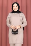 Omzu Taşlı Tunik Pantolon İkili Takım Bej