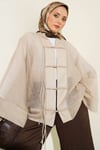 Önü Bağcıklı Oversize Tül Kimono Bej