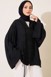 Önü Bağcıklı Oversize Tül Kimono Siyah