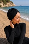 Önü Büzgülü Tesettür Mayo & Deniz Bonesi Siyah