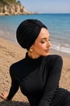 Önü Büzgülü Tesettür Mayo & Deniz Bonesi Siyah