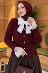 Önü Dantelli Bağlamalı Triko Hırka Bordo