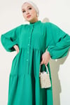Önü Düğmeli Kat Kat Basic Elbise Yeşil