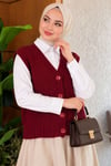 Önü Düğmeli V Yaka Triko Yelek Bordo