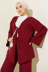 Önü İp Bağcıklı Kimono İkili Takım Bordo