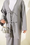 Önü İp Bağcıklı Kimono İkili Takım Gri