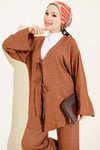 Önü İp Bağcıklı Kimono İkili Takım Kahve