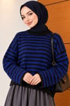 Oversize İnce Çizgili Triko Kazak Saks