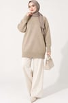 Oversize Ribanalı Triko Tunik Bej