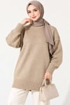Oversize Ribanalı Triko Tunik Bej