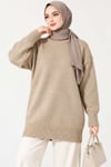 Oversize Ribanalı Triko Tunik Bej
