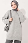 Oversize Ribanalı Triko Tunik Gri