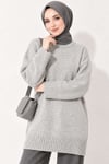 Oversize Ribanalı Triko Tunik Gri