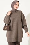 Oversize Ribanalı Triko Tunik Kahve