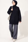 Oversize Ribanalı Triko Tunik Lacivert