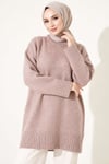 Oversize Ribanalı Triko Tunik Pudra