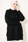 Oversize Ribanalı Triko Tunik Siyah