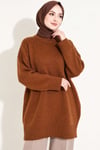 Oversize Ribanalı Triko Tunik Taba