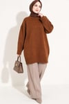 Oversize Ribanalı Triko Tunik Taba