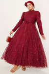 Paisley Simli Pullu Abiye Elbise Bordo