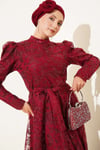 Paisley Simli Pullu Abiye Elbise Bordo