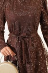 Paisley Simli Pullu Abiye Elbise Kahve