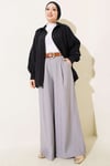 Pileli Kemerli Oversize Pantolon Gri