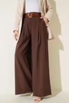 Pileli Kemerli Oversize Pantolon Kahve