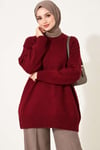 Ribanalı Bisiklet Yaka Triko Tunik Bordo