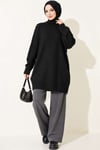 Ribanalı Bisiklet Yaka Triko Tunik Siyah