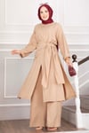 Şal Detaylı Yırtmaçlı Üçlü Takım Camel