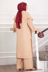 Şal Detaylı Yırtmaçlı Üçlü Takım Camel
