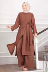 Şal Detaylı Yırtmaçlı Üçlü Takım Kahve